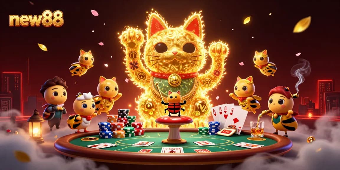 Engage in thrilling moments at new88 with a vibrant scene of casino excitement illustrated in 3D.