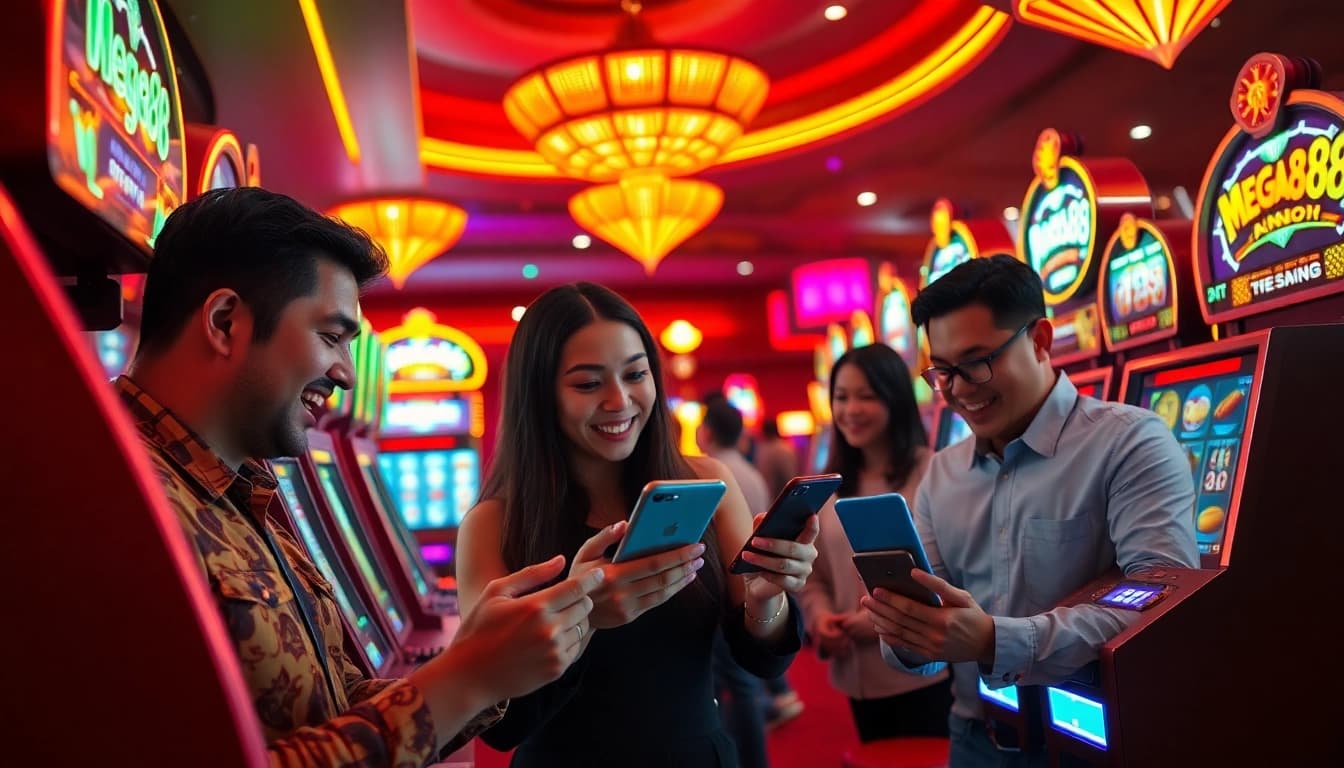 Bermain Mega888 Android dalam suasana kasino yang ceria dan meriah dengan cahaya neon.