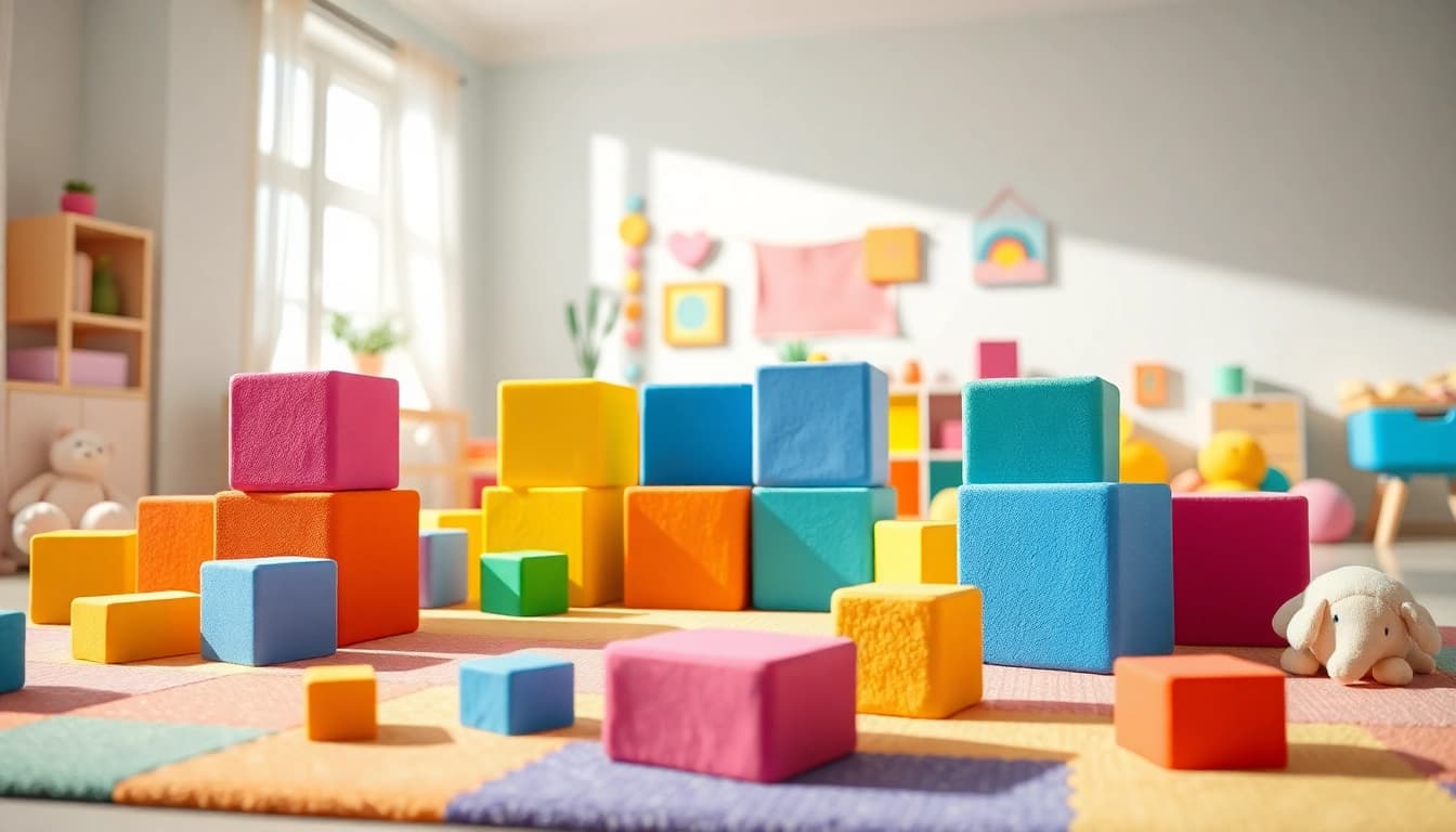 Engaging children with colorful soft foam building blocks; read more here for safe play ideas.