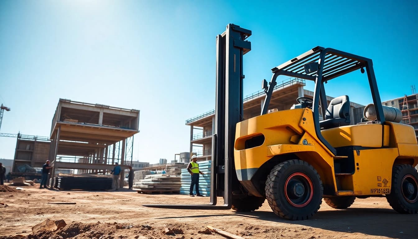 Efficient forklift lifting materials on a construction site, showcasing busy workers and dynamic activity.