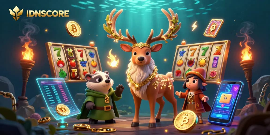Spin and win exciting jackpots at IDNSCORE with vibrant slot reels and magical character illustrations.