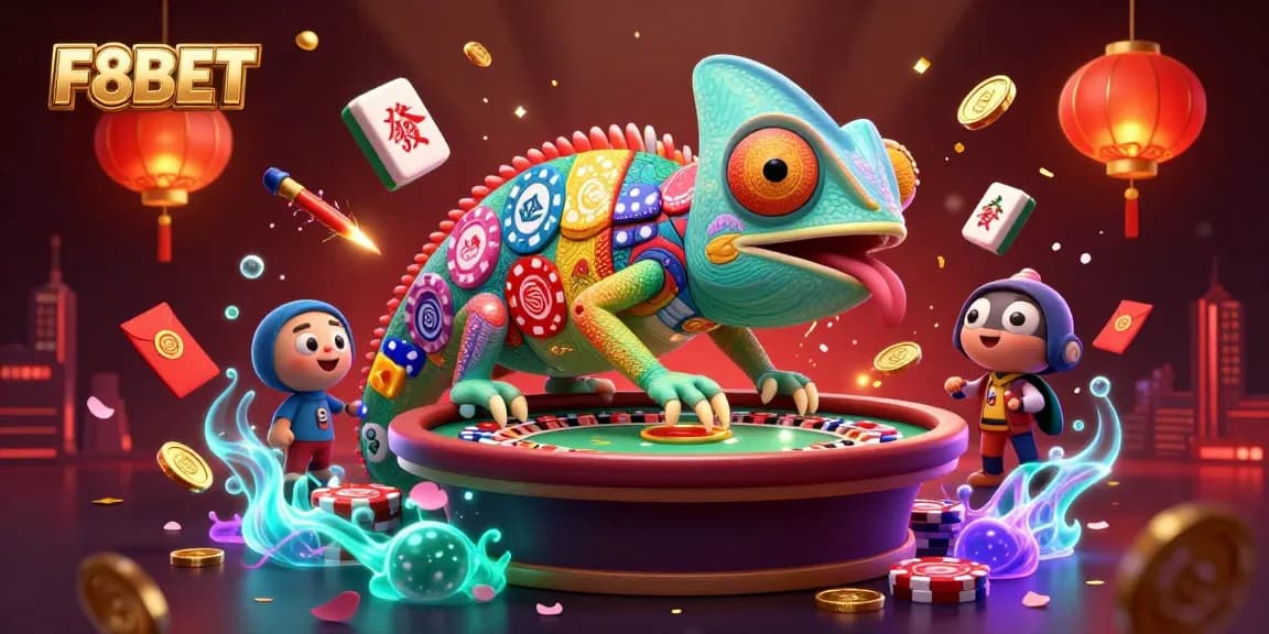 F8BET captivates players with a vibrant casino scene showcasing colorful characters and festive game elements.