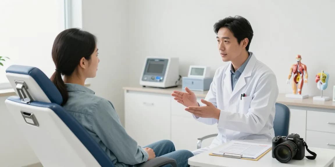 おすすめの安い包茎手術クリニックの診察室で、医療プロが患者に手術オプションを説明している様子