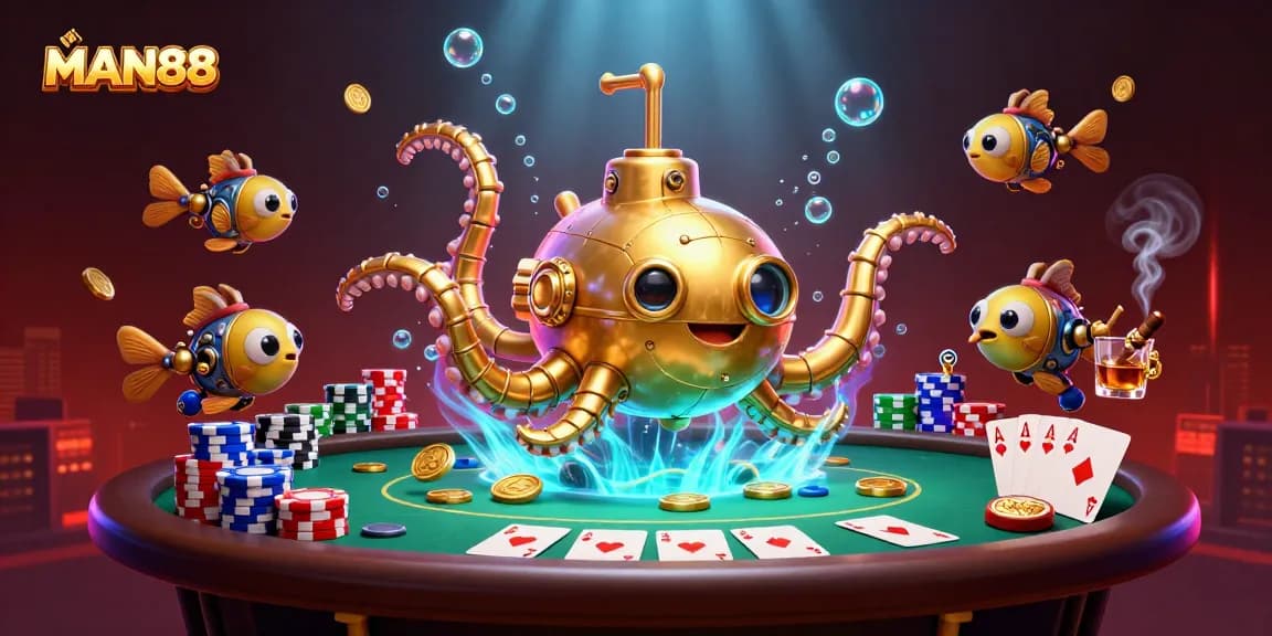Experience thrilling poker action at MAN88 with golden kraken submarine and mech fish in a sea of coins.