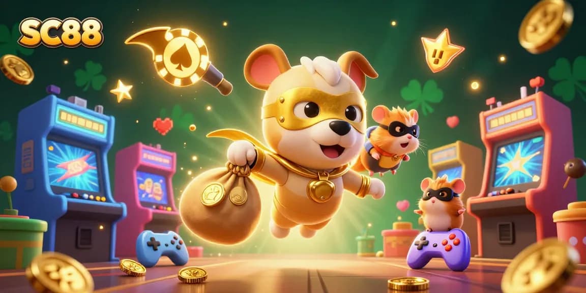 SC88 features a superhero dog carrying coins, set amidst vibrant arcade gaming elements.