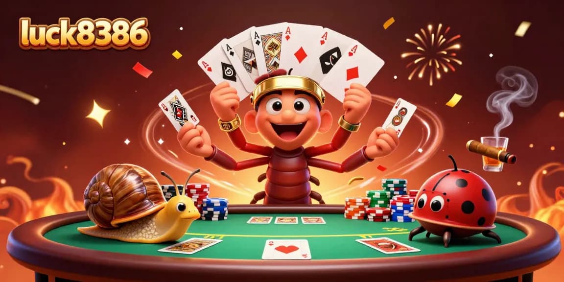 Experience excitement at luck8386 with a vibrant cartoon illustration featuring a millipede dealer and high-roller snail.
