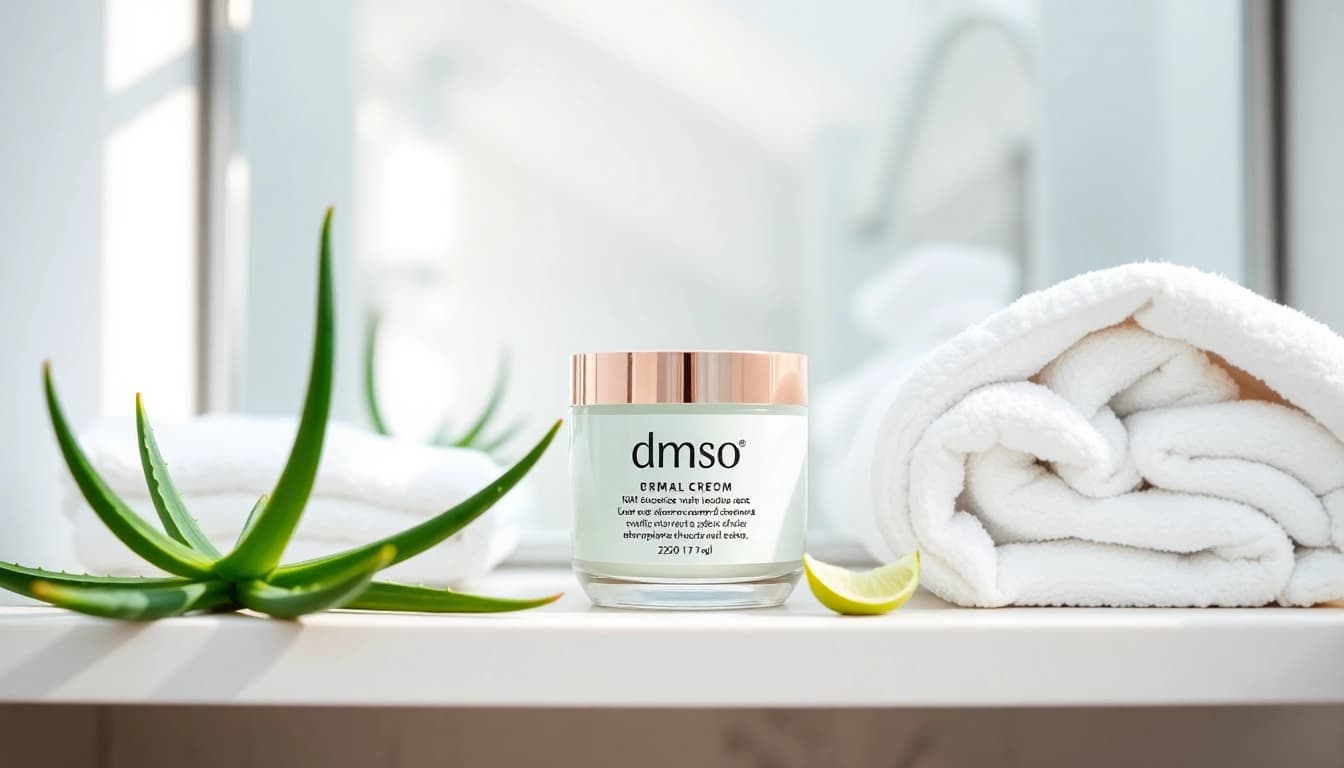 Showcase of dmso cream in a serene bathroom setting, emphasizing its natural and soothing qualities.