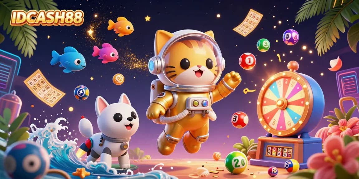 Experience thrilling online slots at IDCASH88 with dynamic lottery elements and vibrant casino visuals.