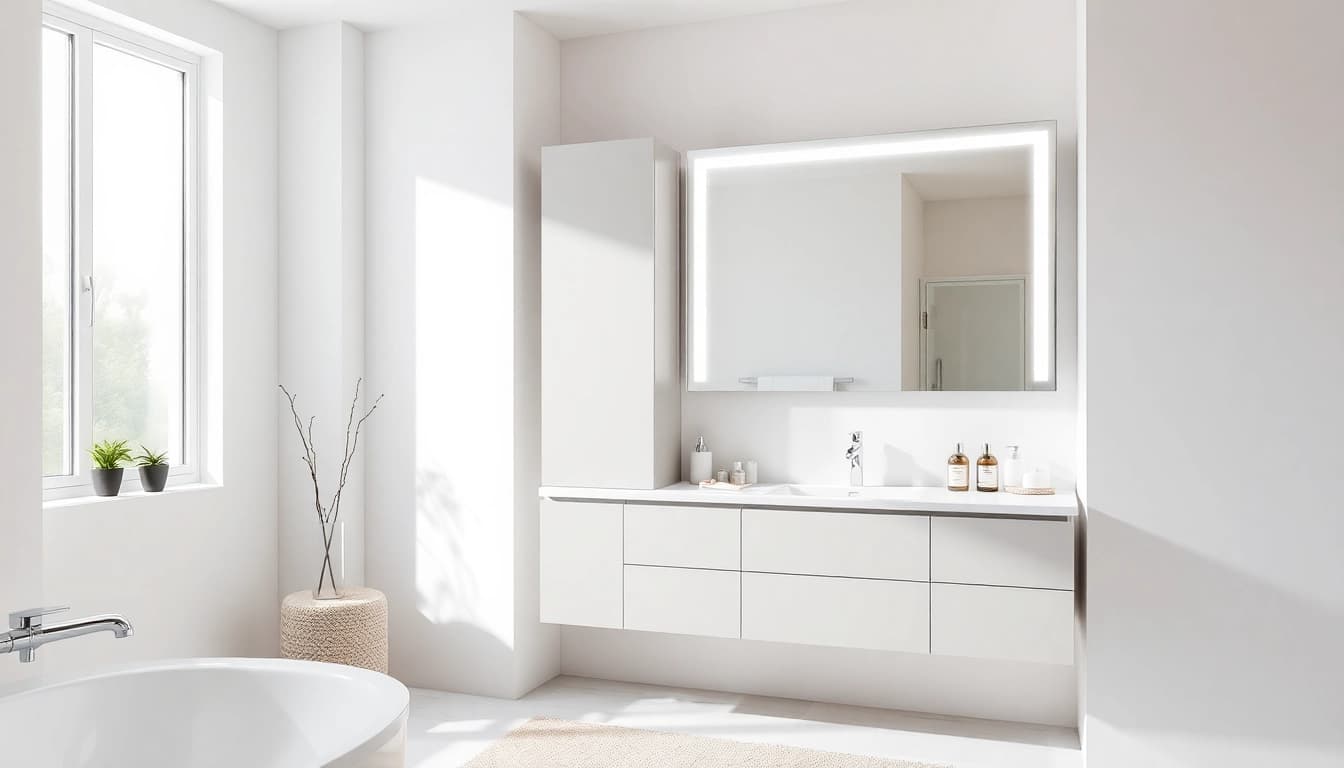 Ein spiegelschrank bad mit eleganten Linien und integrierter Beleuchtung in einem modernen Badezimmer.