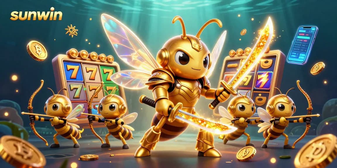 Sunwin players engage with vibrant slot games in a dynamic 3D casino illustration.