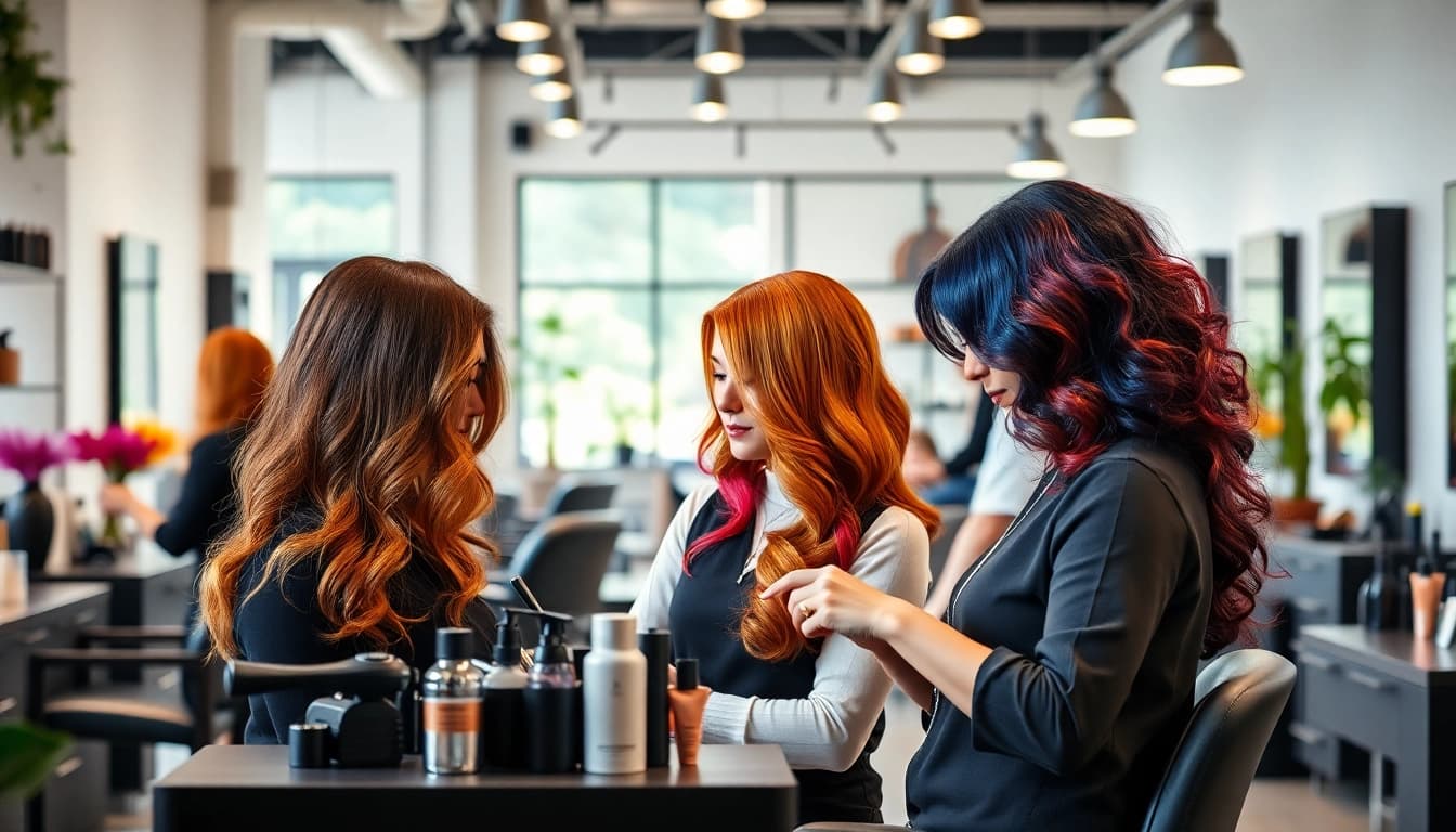 A group of award winning hair stylists showcasing vibrant hair designs in a lively salon environment.