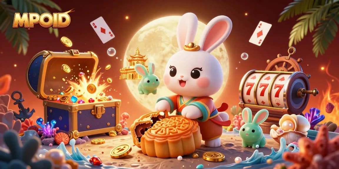 MPOID offers an engaging casino scene with moon rabbit and golden mooncakes revealing poker chips, dynamic gambling elements.