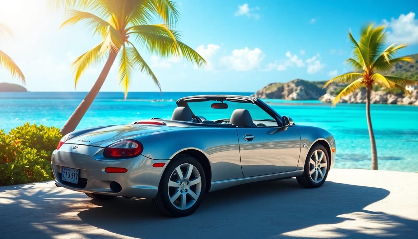 Experience the best car rental st barts with a convertible by the beach, capturing the island's beauty.