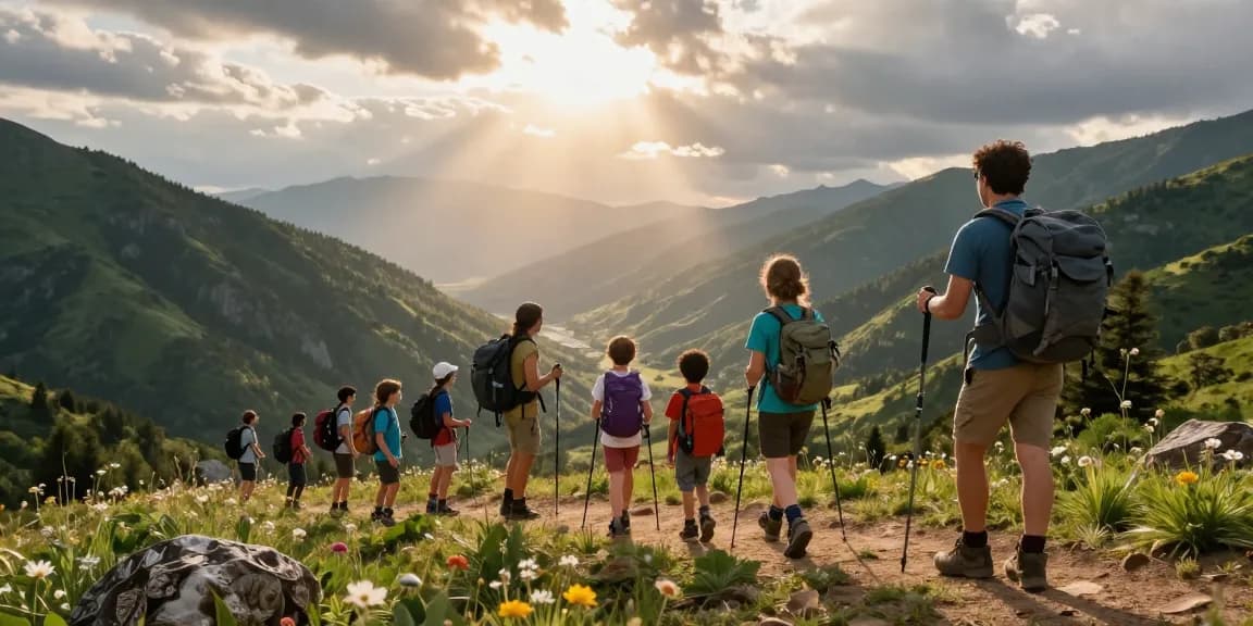 Family adventure at a mountain summit, capturing the essence of mantra88 community exploration.