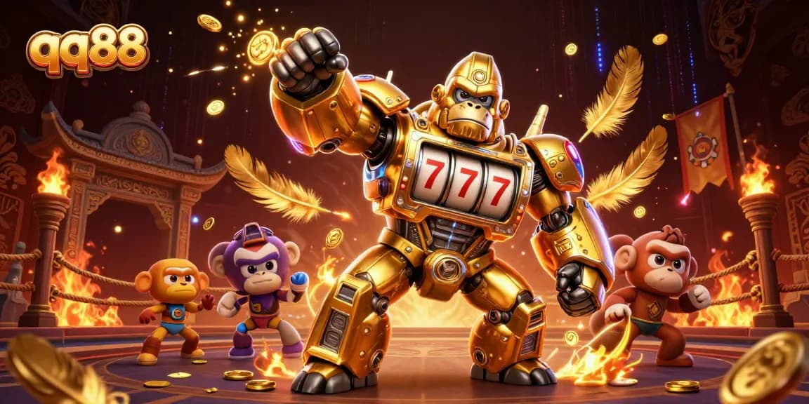 Experience thrilling action with qq88's vibrant golden gorilla mech and explosive slot machine elements.