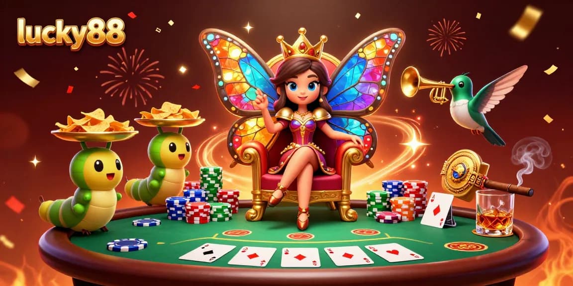 Win big with lucky88 at an exciting poker scene featuring a regal butterfly queen.