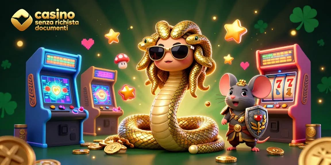 Gioca al casino senza richiesta documenti con Medusa e un topo guerriero in un'illustrazione vivace.
