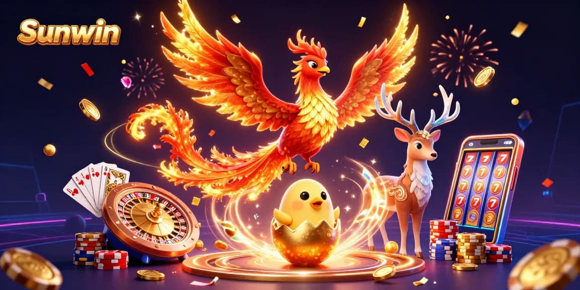 Experience thrilling gameplay with Sunwin through a vibrant 3D scene featuring phoenixes and casino elements.