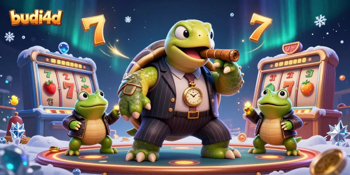 Budi4d showcases a lively casino scene with a snapping turtle in a mobster suit and bullfrog enforcers amidst slot machines, highlighting exciting games.