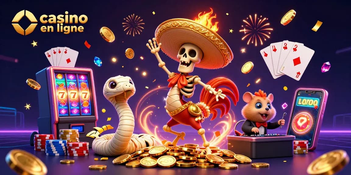 Dansez avec le casino en ligne, un rooster mariachi et un serpent momifié sur un tas de pièces d'or.