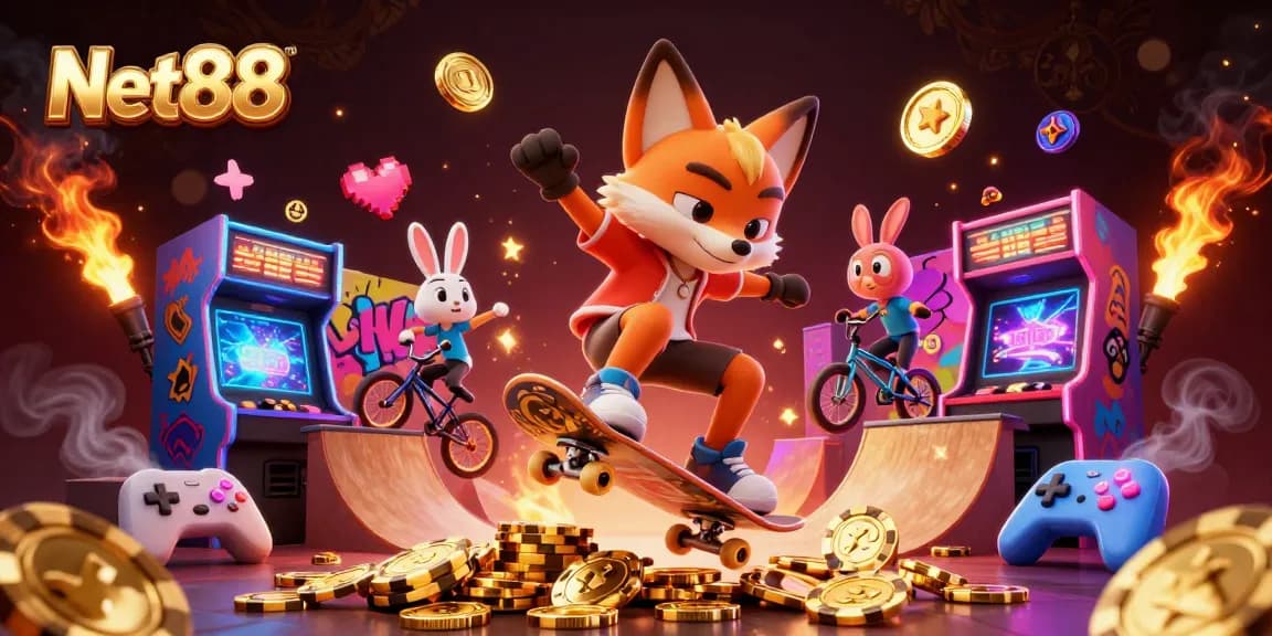 Engage with Net88 as a fox performs a kickflip over golden poker chips in a vibrant 3D casino scene.
