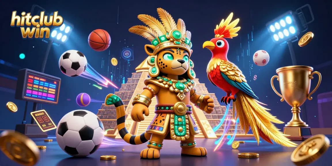 Experience thrilling wins at hitclub win with dynamic casino graphics featuring sports elements and vibrant colors.