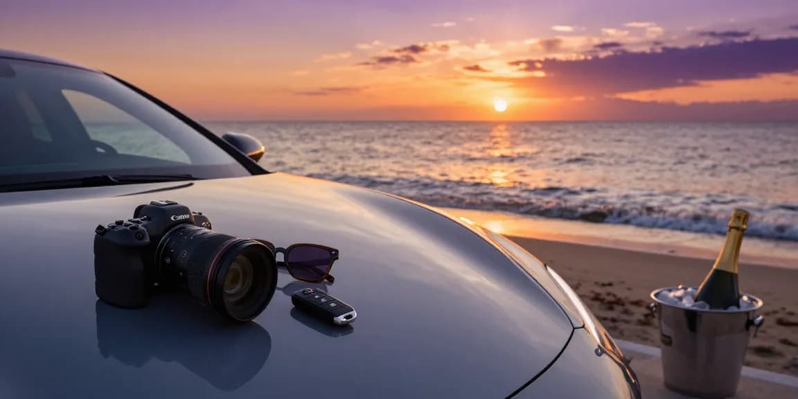Mobil mewah LUXURY 777 terparkir di tepi pantai saat matahari terbenam.