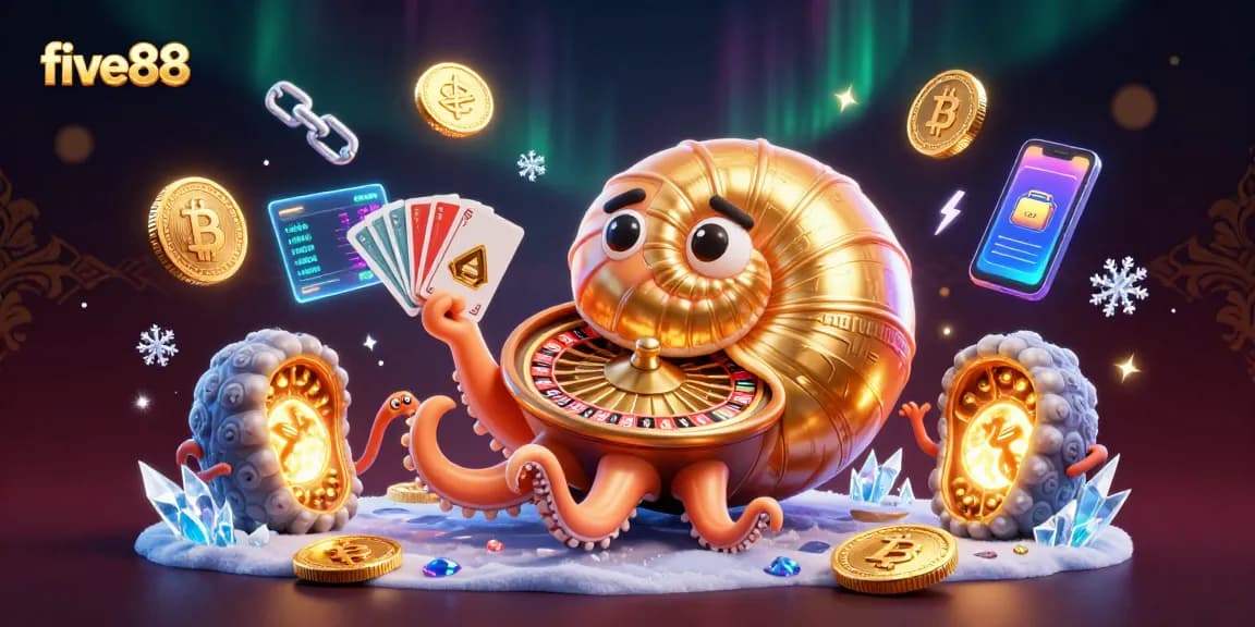 Experience excitement at five88 with a giant nautilus roulette wheel and glowing crypto coins.