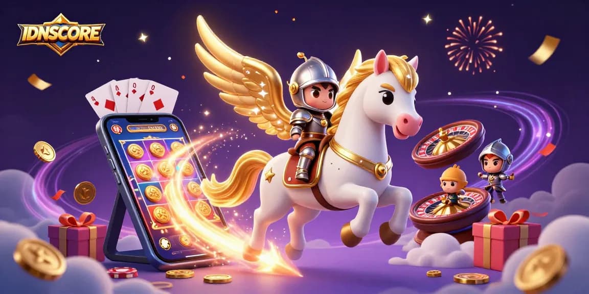Experience thrilling gaming adventures with IDNSCORE, featuring a celestial horse and vibrant slot games.