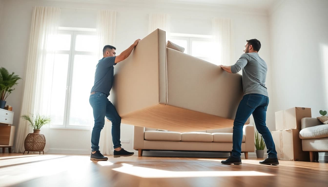 Team of professional movers demonstrating cullen moving in a bright modern living room.