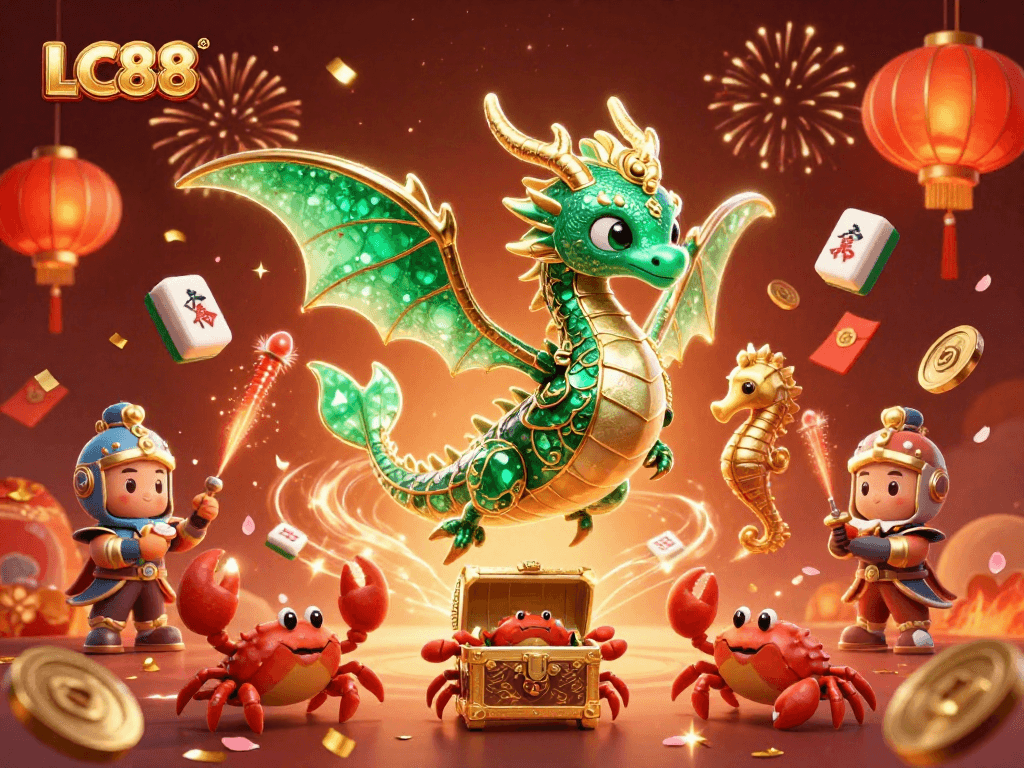 Experience the excitement of LC88 with a vibrant 3D illustration featuring a sea dragon and festive casino elements.