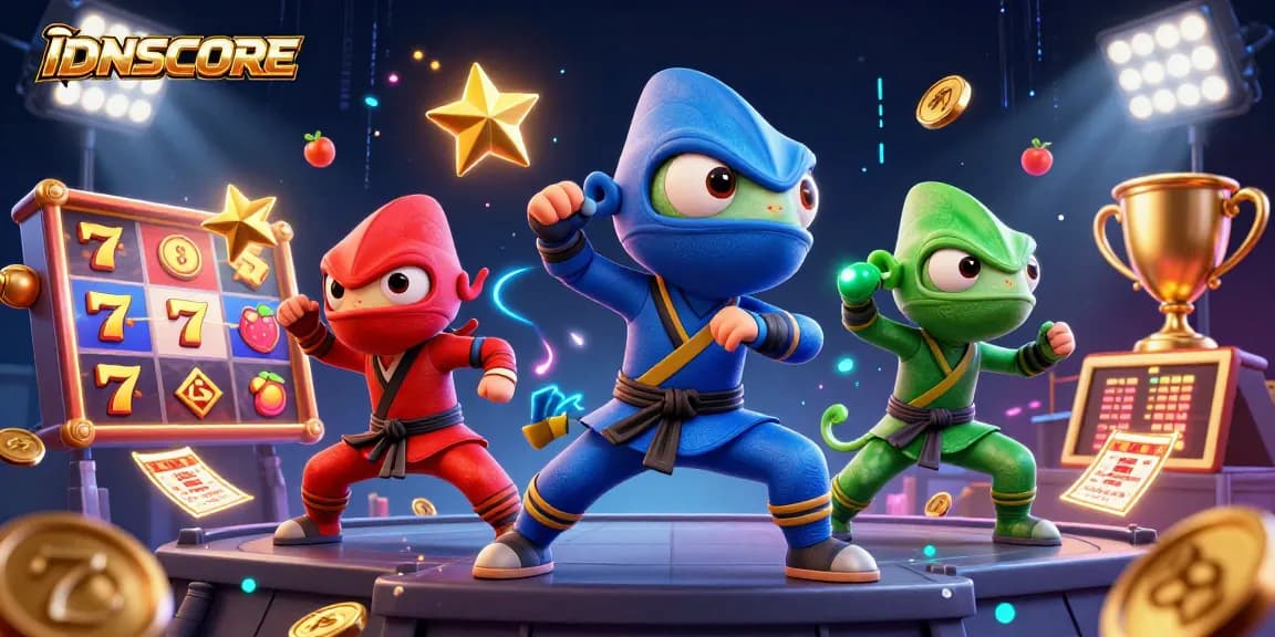 Experience thrilling slots with IDNSCORE as chameleon ninjas showcase their skills amidst vibrant casino elements.