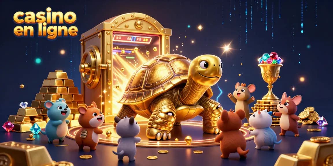 Jouez au casino en ligne avec cette tortue géante en or, entourée de trésors scintillants.