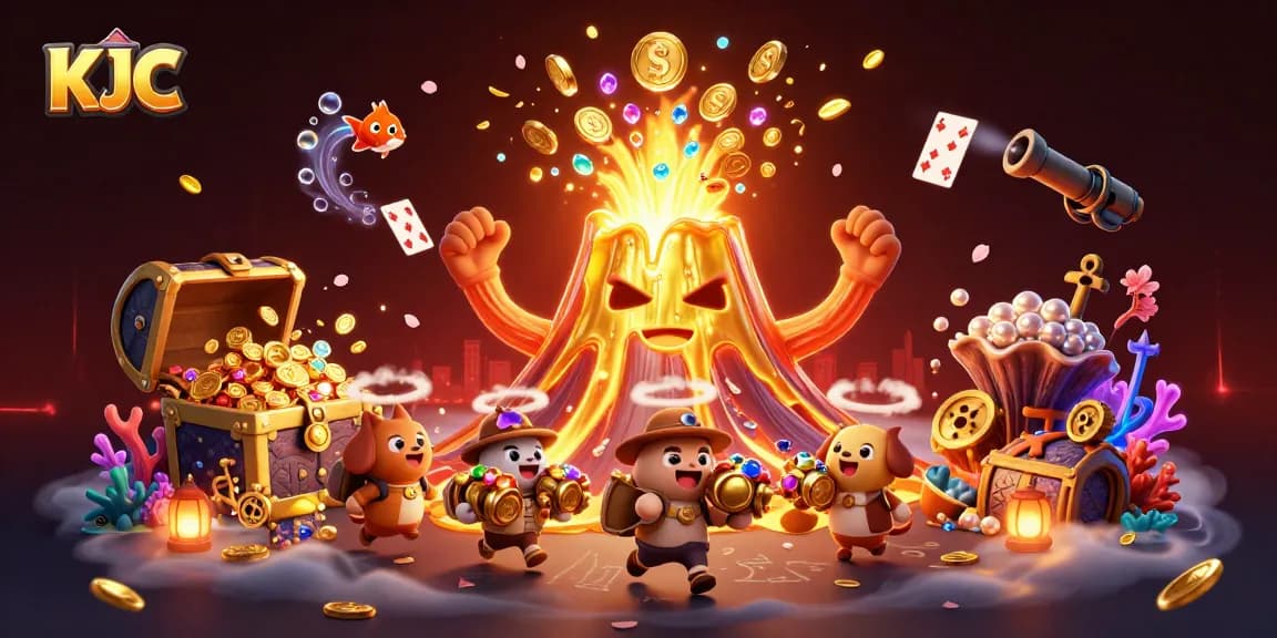 KJC volcano erupts treasure in a vibrant casino-themed 3D illustration.