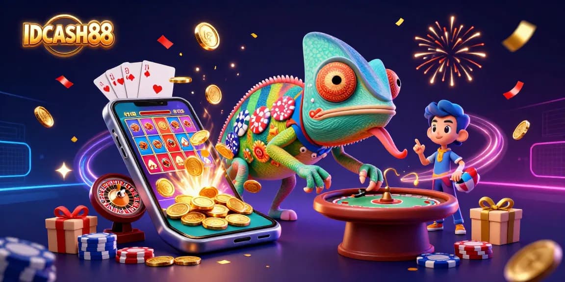 Experience the excitement of IDCASH88, featuring a vibrant chameleon casino owner, golden coins, and slot games.
