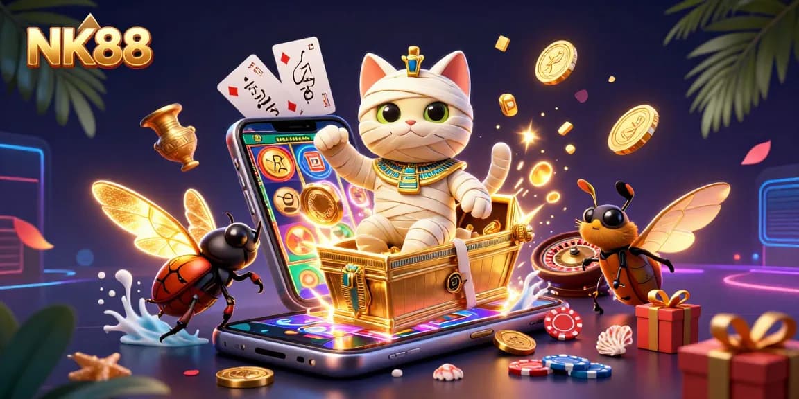 NK88 offers thrilling gaming with a mummy cat and glowing scarab in a vibrant casino scene.