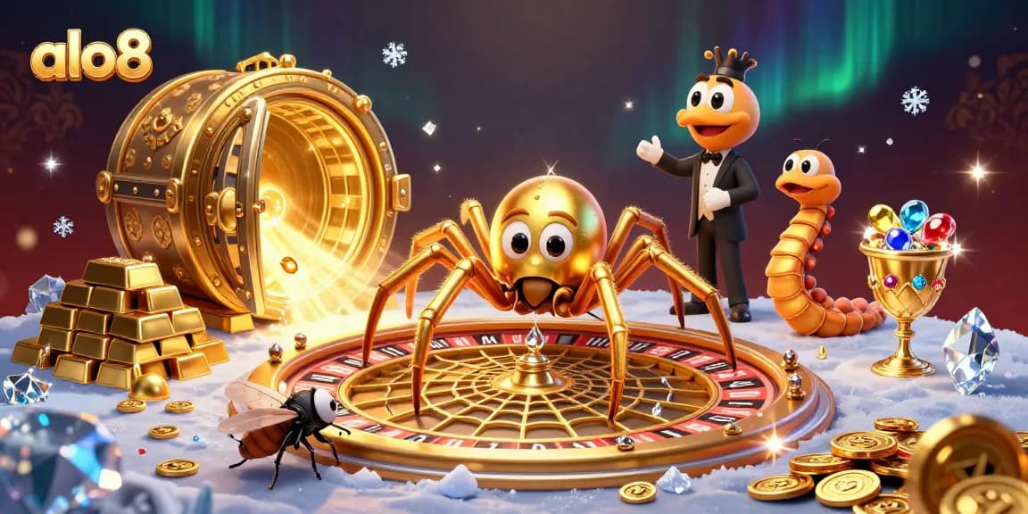 Betting at ALO8, the fly nervously interacts with the roulette wheel crafted by a golden spider.