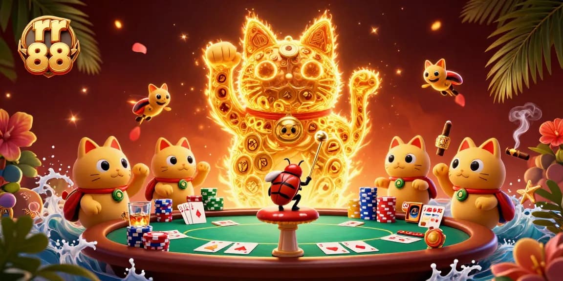 Play and win with rr 88's vibrant casino-themed artwork featuring poker symbols and a lucky cat.