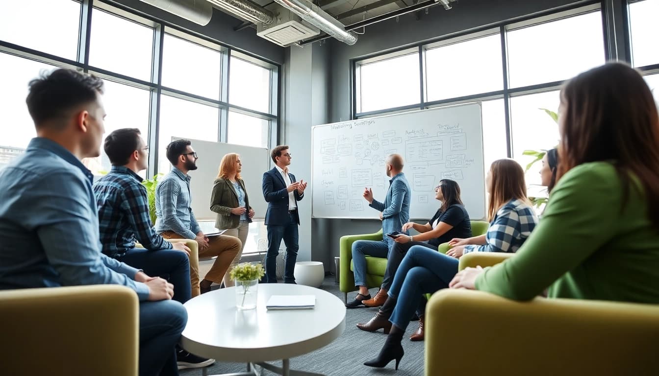 Digital marketing agency services team strategizing in a vibrant office space.