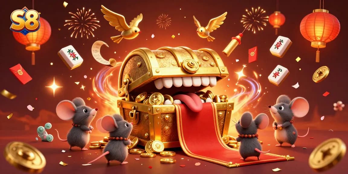 S8 Casino's thrilling adventure with treasure chest, glowing lanterns, and fireworks in a colorful celebration.