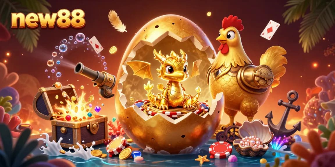 Experience the excitement of new88 with a dragon guarding golden poker chips in this vibrant illustration.