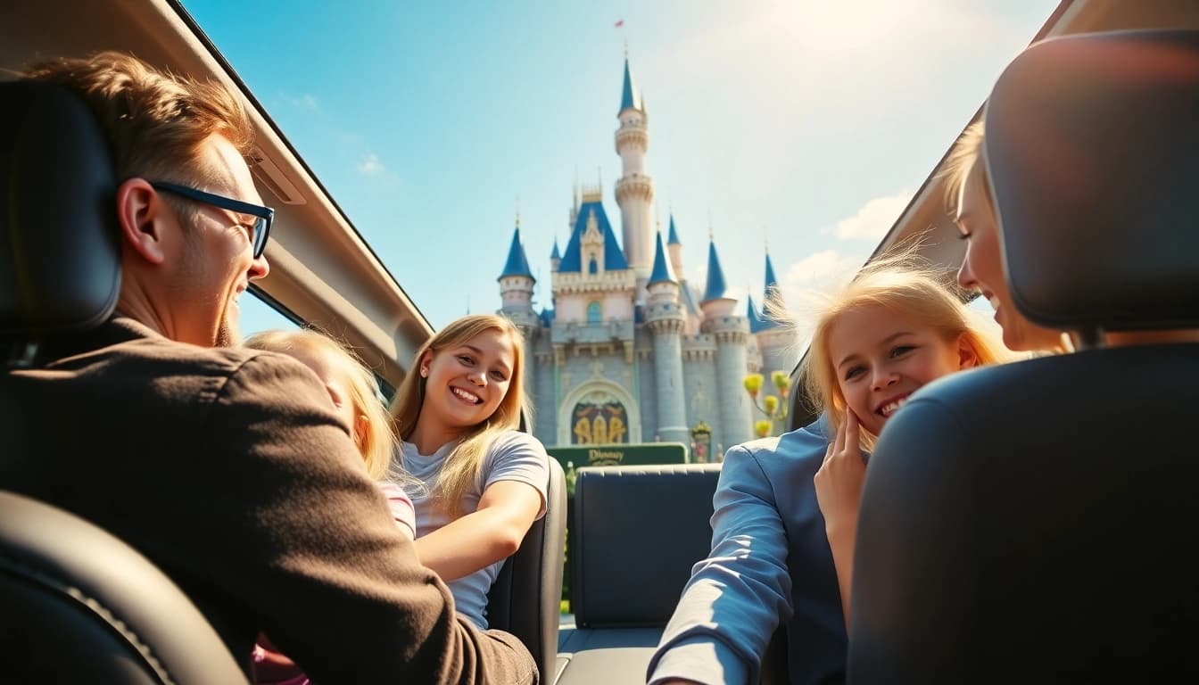 Family enjoying a disney paris airport transfer in a luxurious vehicle while heading to Disneyland.