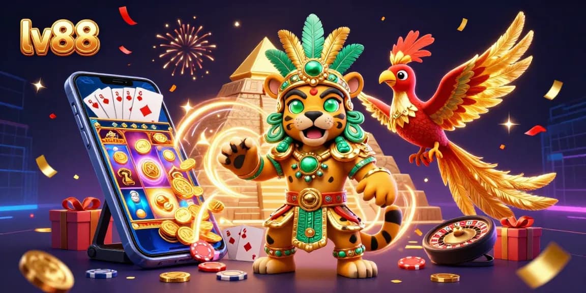 Experience thrilling gameplay at lv88 with a colorful slot game, surrounded by charming characters and festive confetti.