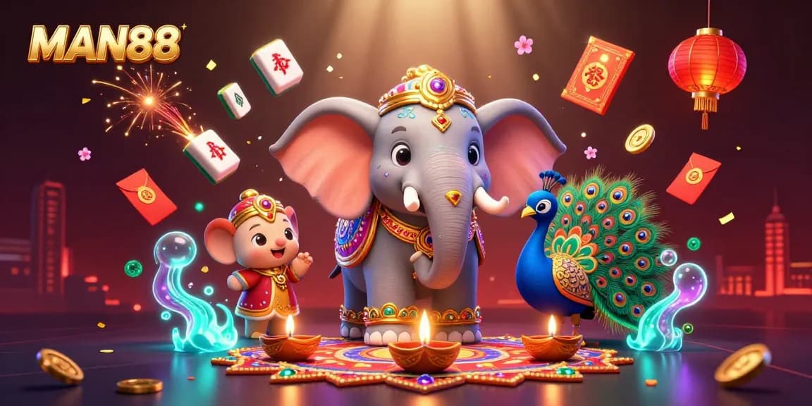 Engage in thrilling play at MAN88 with a vibrant 3D casino-themed fantasy illustration showcasing festive elements and dynamic lottery activities.