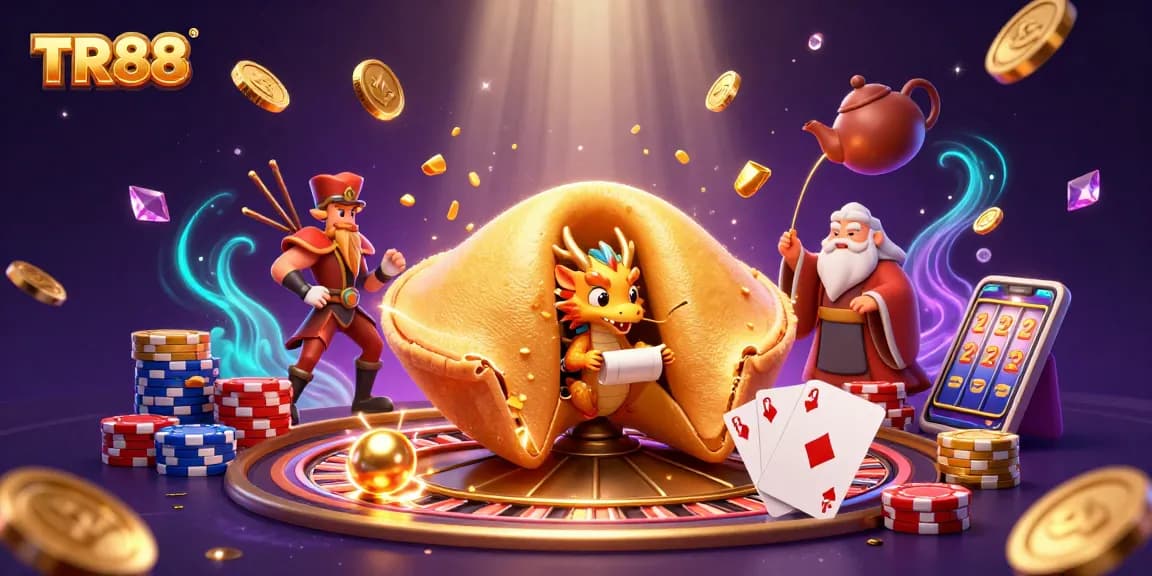 TR88 Casino Illustration showcasing a giant fortune cookie with a dragon, vibrant coins, and dynamic roulette.