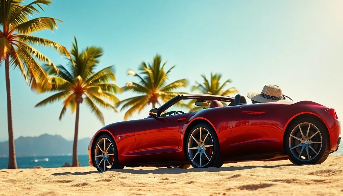 Experience convertible car rental st barts with a sleek convertible parked on a beautiful beach.