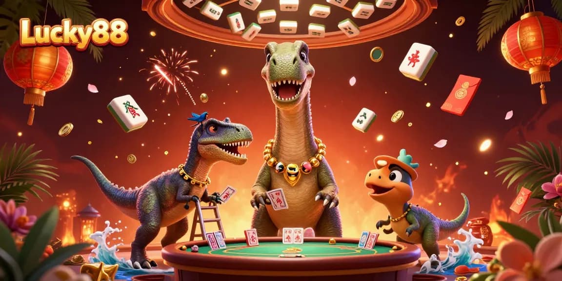 Join the action at Lucky88 with a vibrant 3D illustration showcasing a brontosaurus and clever raptor in an exciting casino setting.