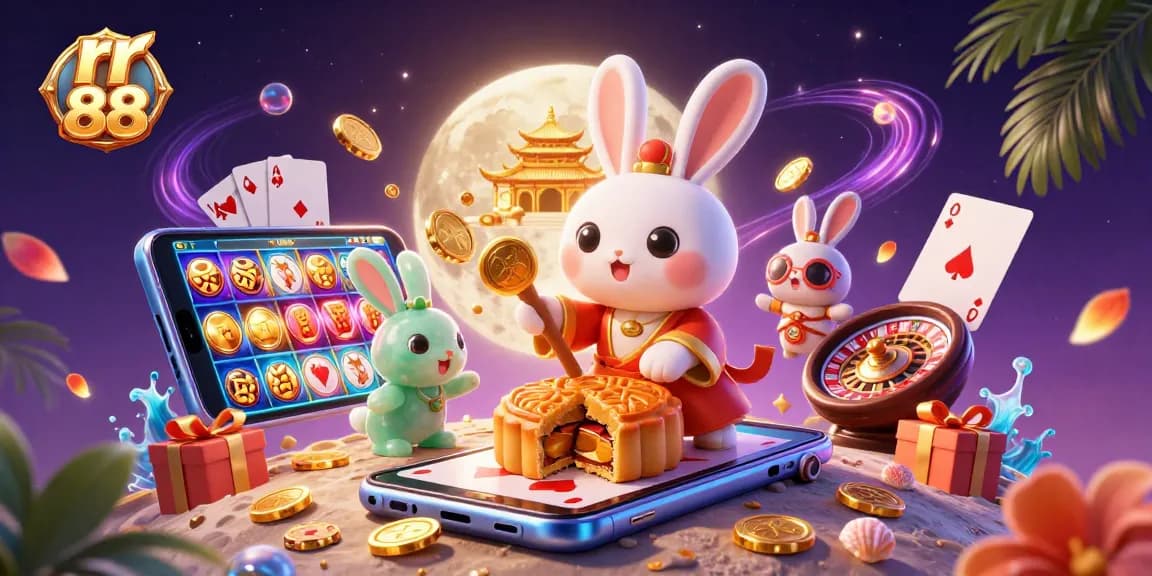 Experience rr 88 with a playful moon rabbit revealing poker chips while playing games.