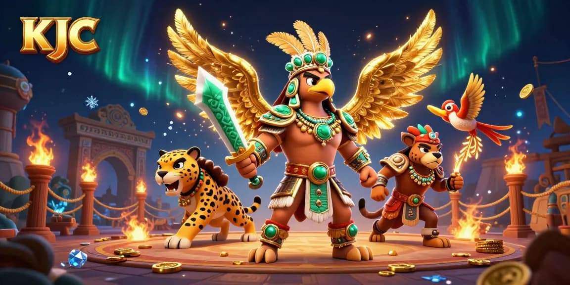 Engage with KJC's vibrant gambling experience featuring a majestic Aztec eagle warrior and rich casino elements.