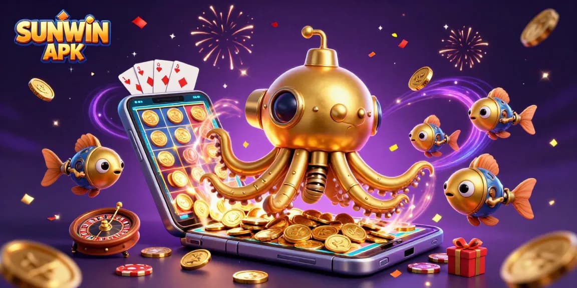 Experience the excitement of SUNWIN APK with a vibrant casino scene featuring a golden kraken and slot games.